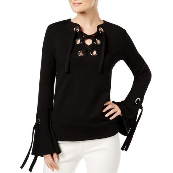 INC International Concepts Tops - INC International Concepts Lace-Up Grommet Bell Sleeve Top Black Womens